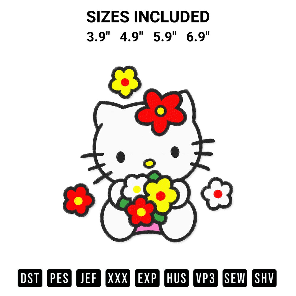 Add a unique touch to your apparel with the Hello Kitty With Flowers Embroidery Design embroidery file. Premium instant download available now on Designspacks.com. Available sizes: 3.9", 4.9", 5.9", 6.9".