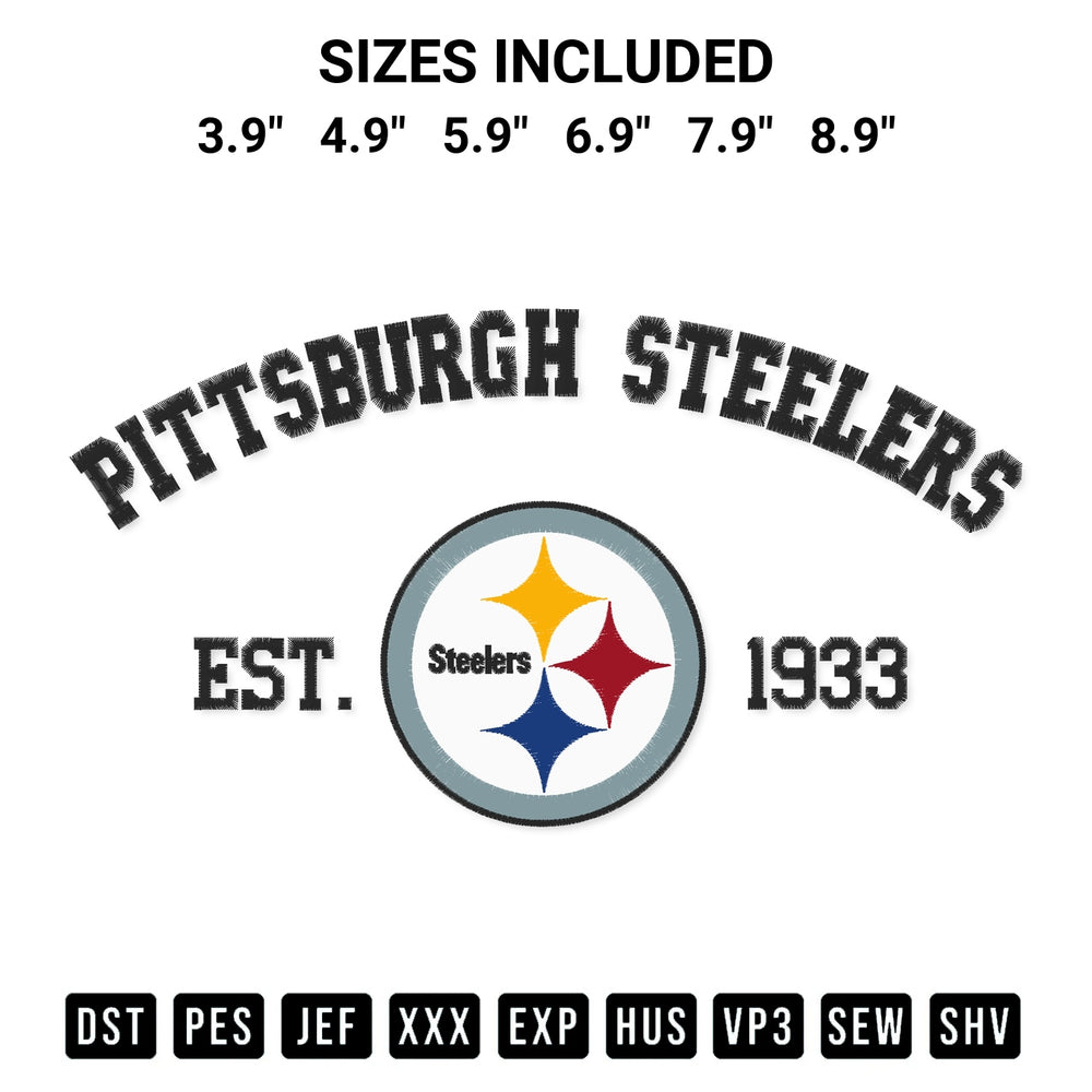 Looking for the perfect pattern? Download the Pittsburgh Steelers Est 1933 Embroidery Design embroidery design today at Designspacks.com. Crisp, clean stitching guaranteed. Available sizes: 3.9", 4.9", 5.9", 6.9", 7.9", 8.9".