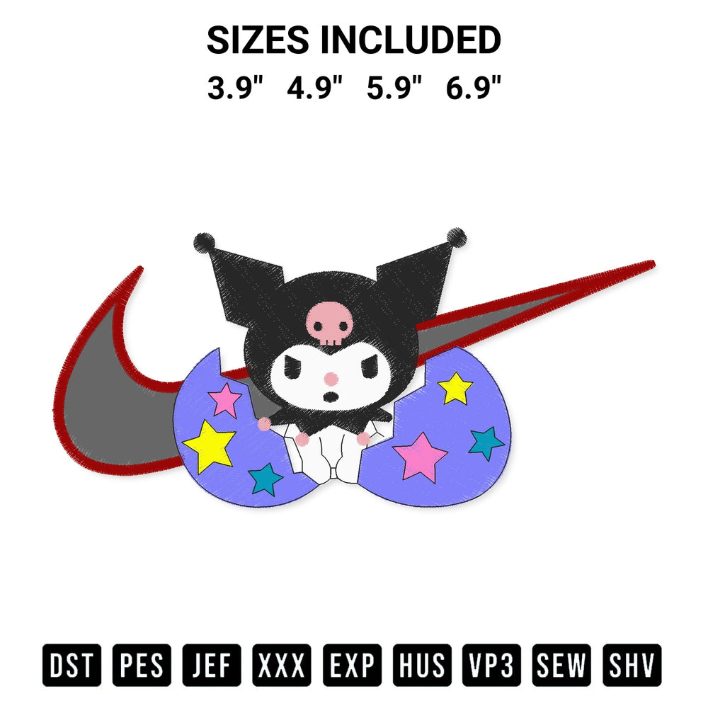 Shop the Kuromi Swoosh Embroidery Design machine embroidery pattern at Designspacks.com. Beautifully digitized for flawless stitching on any fabric. Available sizes: 3.9", 4.9", 5.9", 6.9".