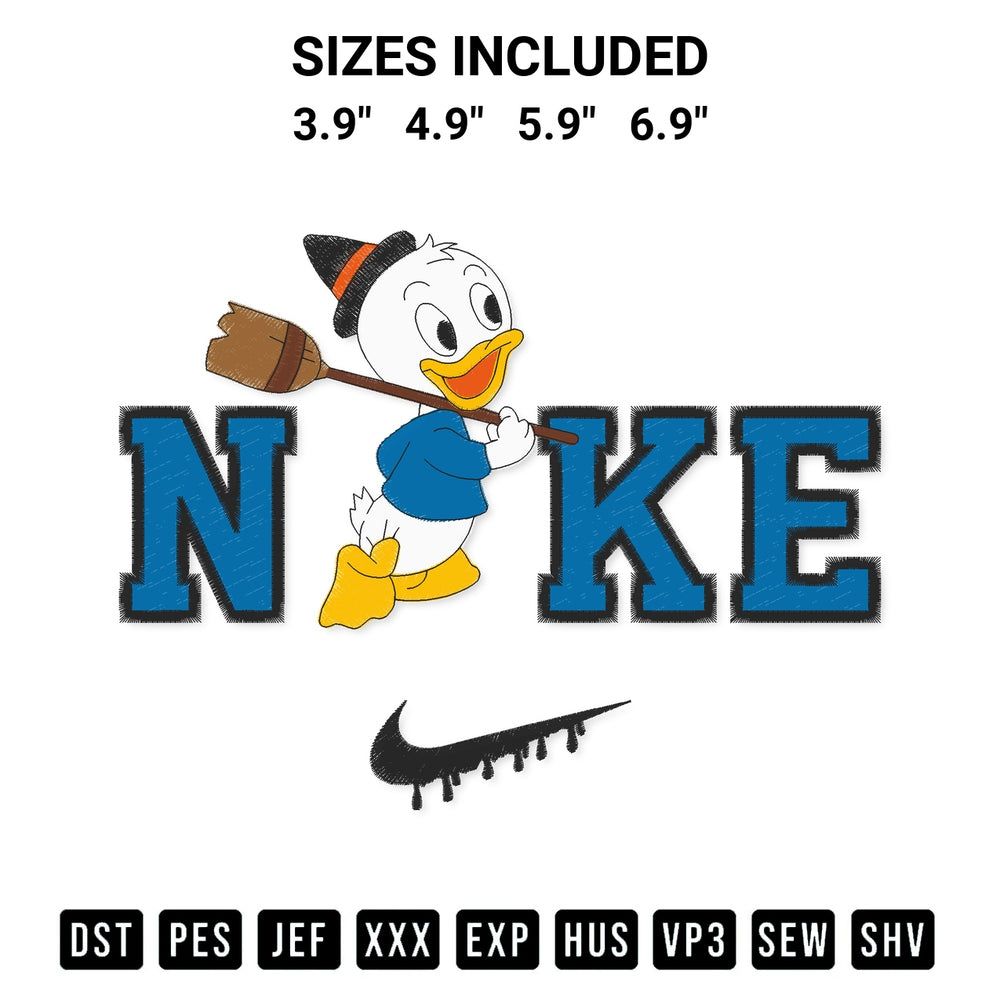 Shop the Nike Dewey Duck Halloween Embroidery Design machine embroidery pattern at Designspacks.com. Beautifully digitized for flawless stitching on any fabric. Available sizes: 3.9", 4.9", 5.9", 6.9".