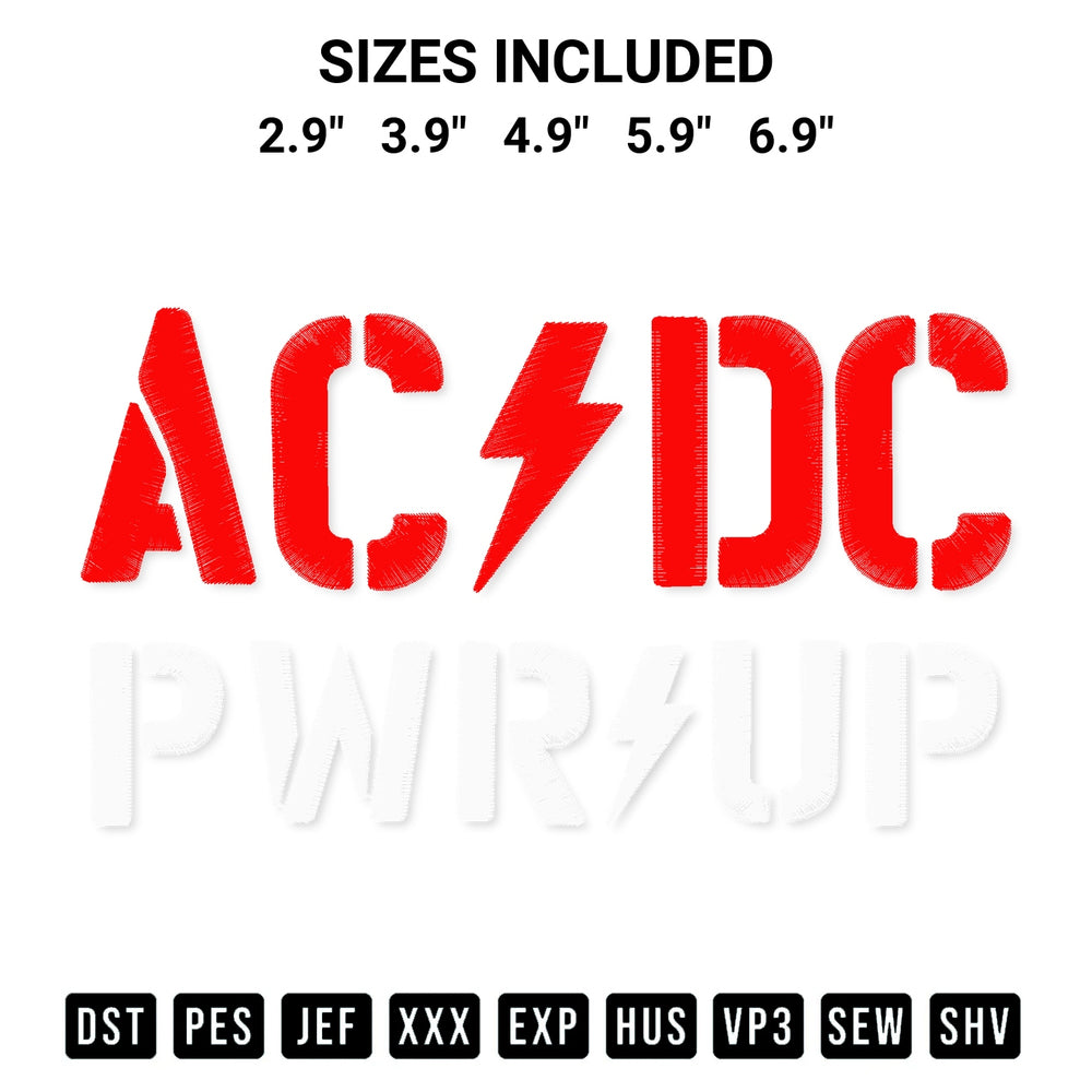 Create amazing crafts with the Acdc Pwr Up Embroidery Design embroidery file. High-quality digital download from Designspacks.com, perfect for beginners and pros. Available sizes: 2.9", 3.9", 4.9", 5.9", 6.9".