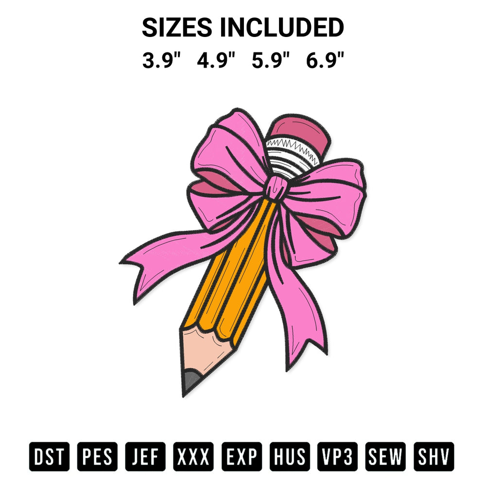 Stitch like a pro with the Pencil Bow Embroidery Design embroidery pattern from Designspacks.com. High-quality digital machine embroidery file. Available sizes: 3.9", 4.9", 5.9", 6.9".