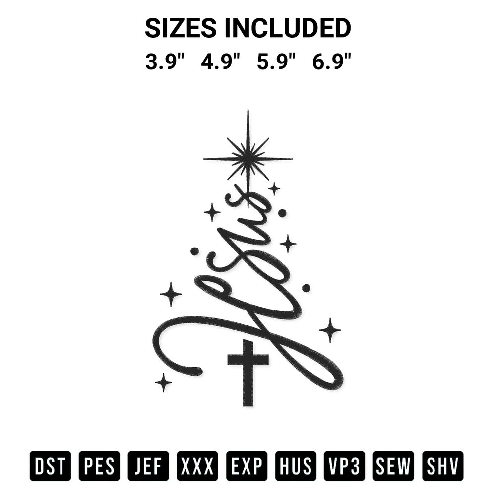 Create amazing crafts with the Jesus Christmas Tree Embroidery Design embroidery file. High-quality digital download from Designspacks.com, perfect for beginners and pros. Available sizes: 3.9", 4.9", 5.9", 6.9".