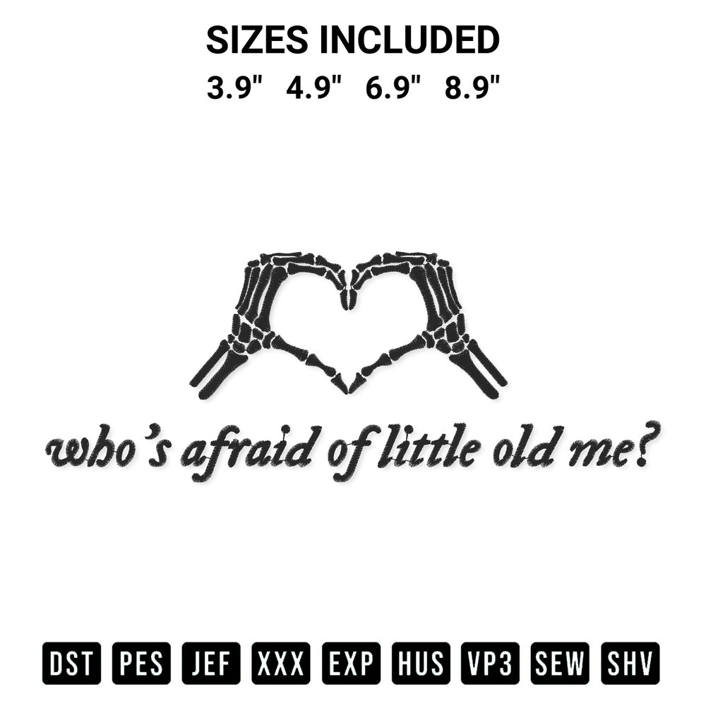 Discover the perfect addition to your crafting collection: Whos Afraid Of Little Old Me Embroidery Design embroidery file. Instantly available at Designspacks.com. Available sizes: 3.9", 4.9", 6.9", 8.9".