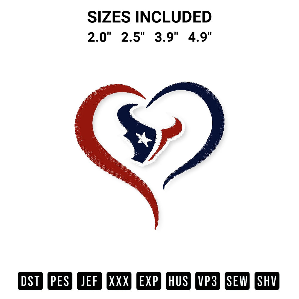 Transform your fabrics with the Nfl Houston Texans Heart Embroidery Design embroidery design. Instant access to premium digitized patterns at Designspacks.com. Available sizes: 2.0", 2.5", 3.9", 4.9".