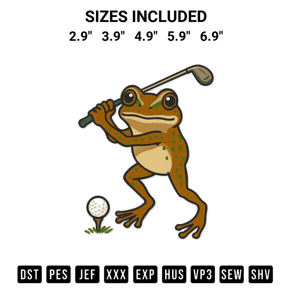 Elevate your next project with our Frog Playing Golf Embroidery Design embroidery file. Shop high-quality digital patterns instantly at Designspacks.com. Available sizes: 2.9", 3.9", 4.9", 5.9", 6.9".