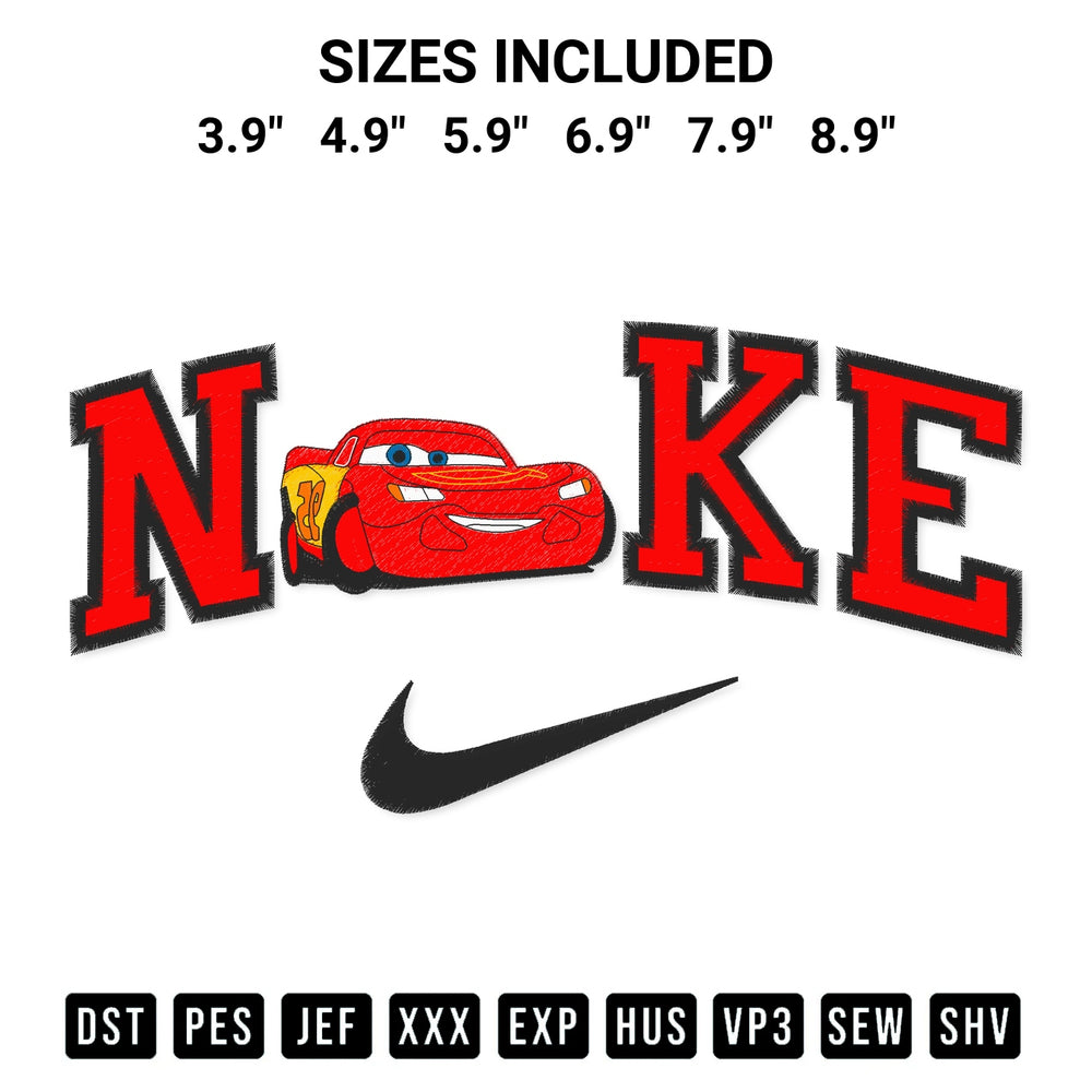 Get the Nike Lightning Mcqueen Embroidery Design embroidery design for your custom crafts! Premium digitized files available for instant download at Designspacks.com. Available sizes: 3.9", 4.9", 5.9", 6.9", 7.9", 8.9".