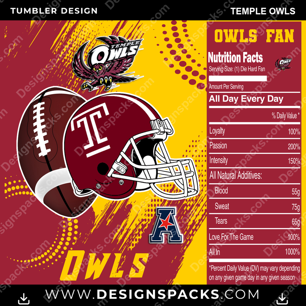 College Sport Team Fan CFB Temple Owls NCAA College Sport Tumbler Digital Wrap Design Download