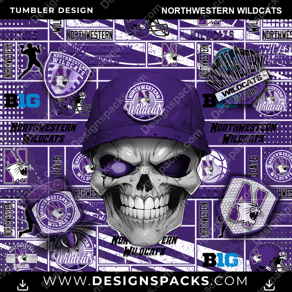 College Sport Skull Northwestern Wildcats NCAA College Sport Tumbler Digital Wrap Design Download
