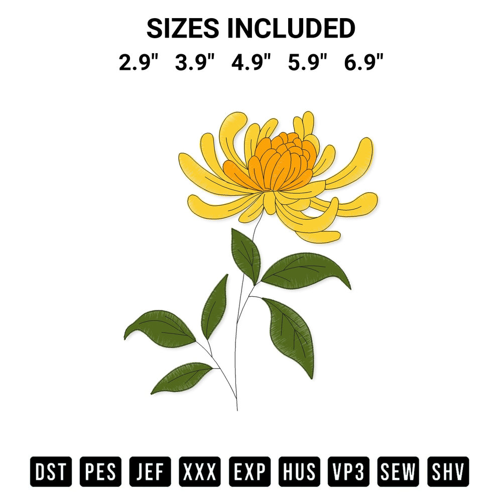 Add a unique touch to your apparel with the Chrysanthemum Flower Embroidery Design embroidery file. Premium instant download available now on Designspacks.com. Available sizes: 2.9", 3.9", 4.9", 5.9", 6.9".
