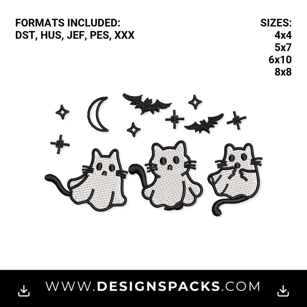 Cute Halloween Ghost Cats Moon & Bats Embroidery Design - Instant digital download pattern at Designspacks.com