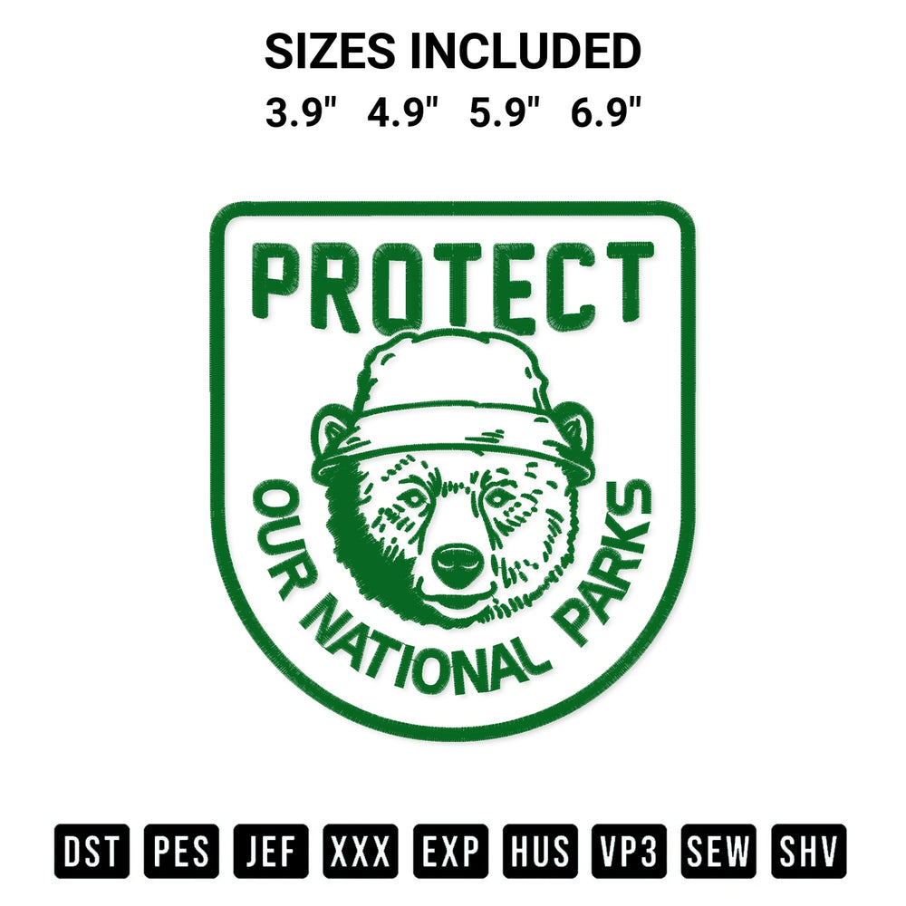 Stitch like a pro with the Protect Our National Parks Embroidery Design embroidery pattern from Designspacks.com. High-quality digital machine embroidery file. Available sizes: 3.9", 4.9", 5.9", 6.9".