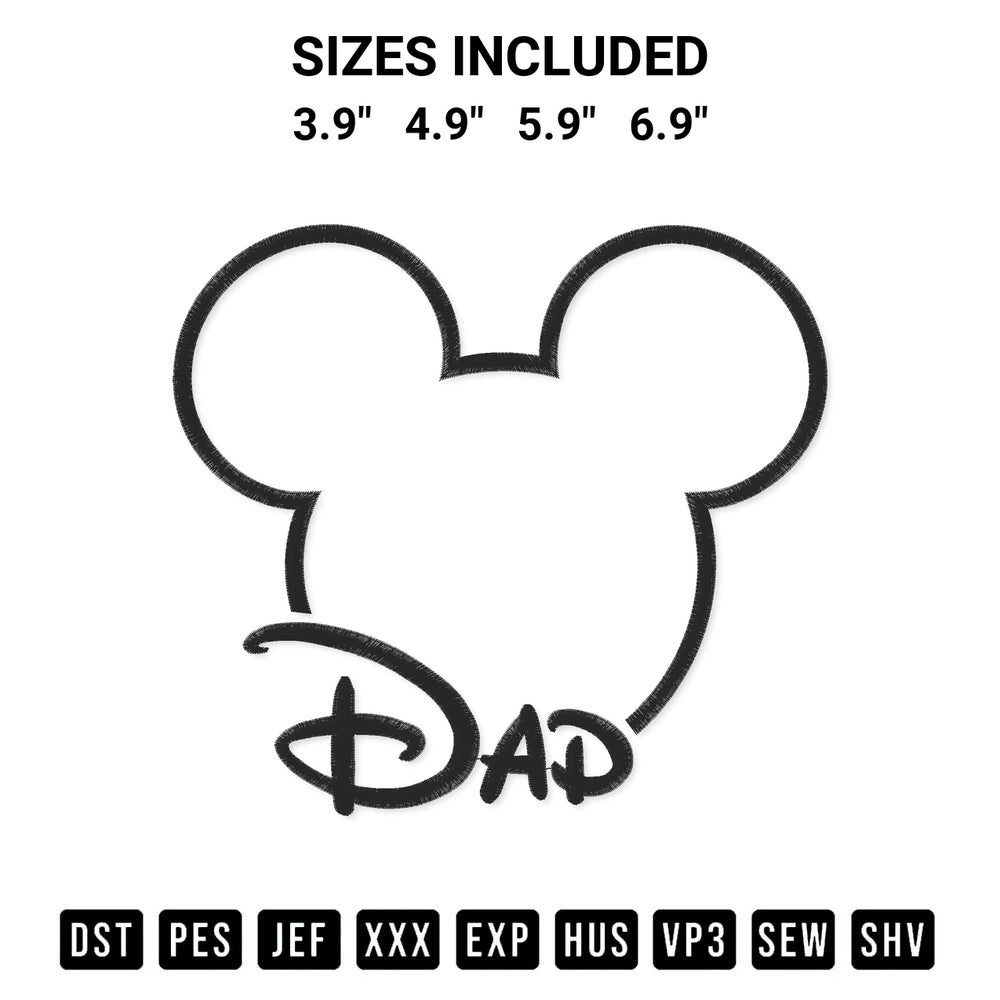 Discover the perfect addition to your crafting collection: Dad Mickey Head Embroidery Design embroidery file. Instantly available at Designspacks.com. Available sizes: 3.9", 4.9", 5.9", 6.9".