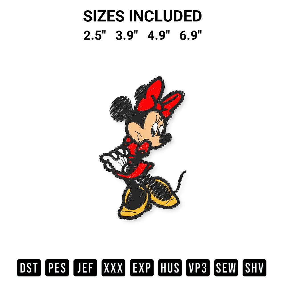 Create amazing crafts with the Minnie Mouse Cute Embroidery Design embroidery file. High-quality digital download from Designspacks.com, perfect for beginners and pros. Available sizes: 2.5", 3.9", 4.9", 6.9".