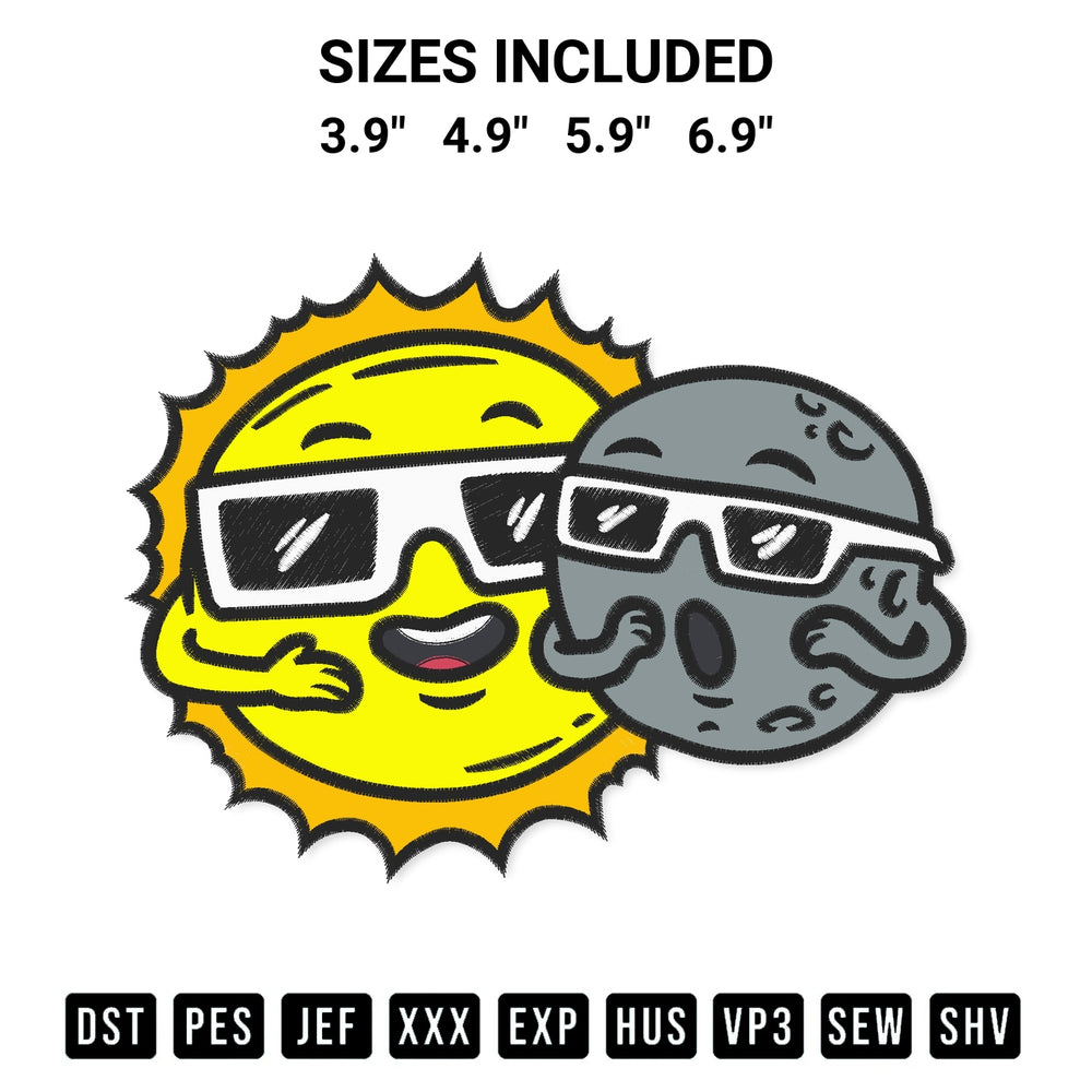 Elevate your next project with our Sun And Moon Total Solar Eclipse Embroidery Design embroidery file. Shop high-quality digital patterns instantly at Designspacks.com. Available sizes: 3.9", 4.9", 5.9", 6.9".