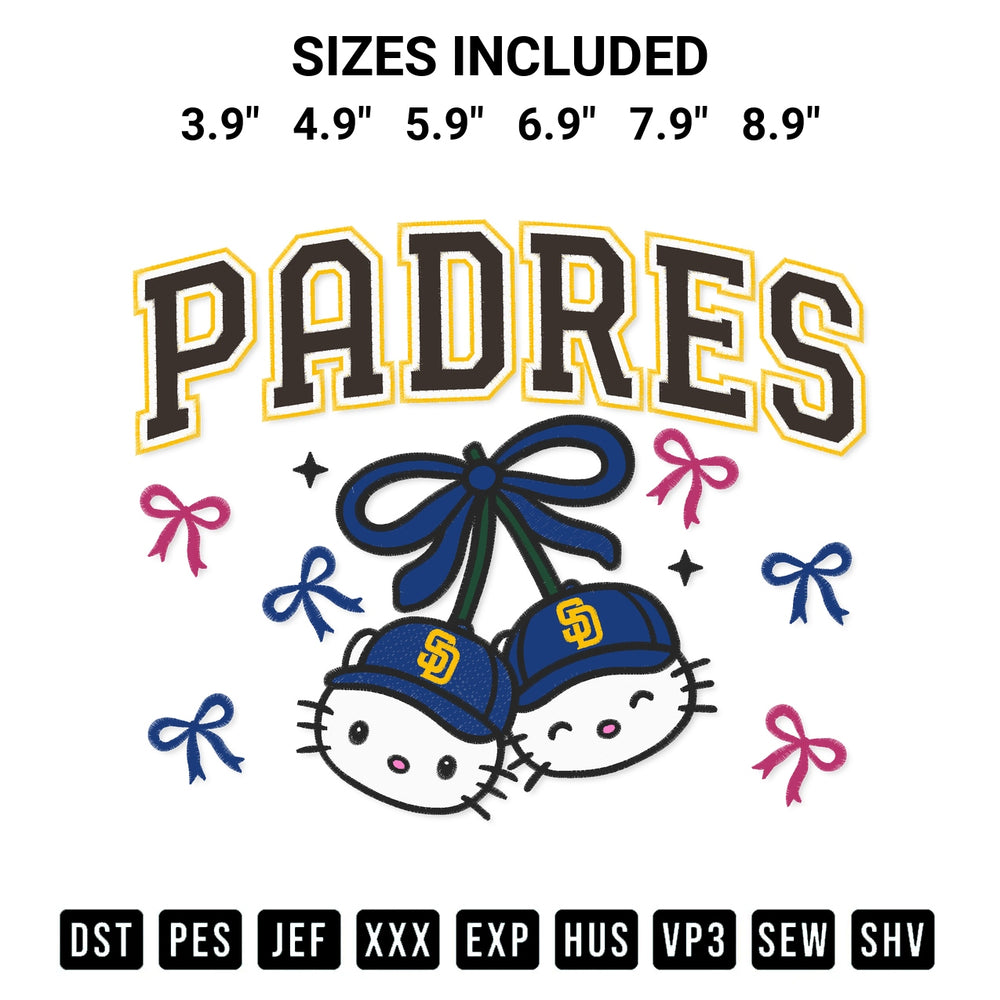 Discover the perfect addition to your crafting collection: San Diego Padres Hello Kitty Cherries Embroidery Design embroidery file. Instantly available at Designspacks.com. Available sizes: 3.9", 4.9", 5.9", 6.9", 7.9", 8.9".