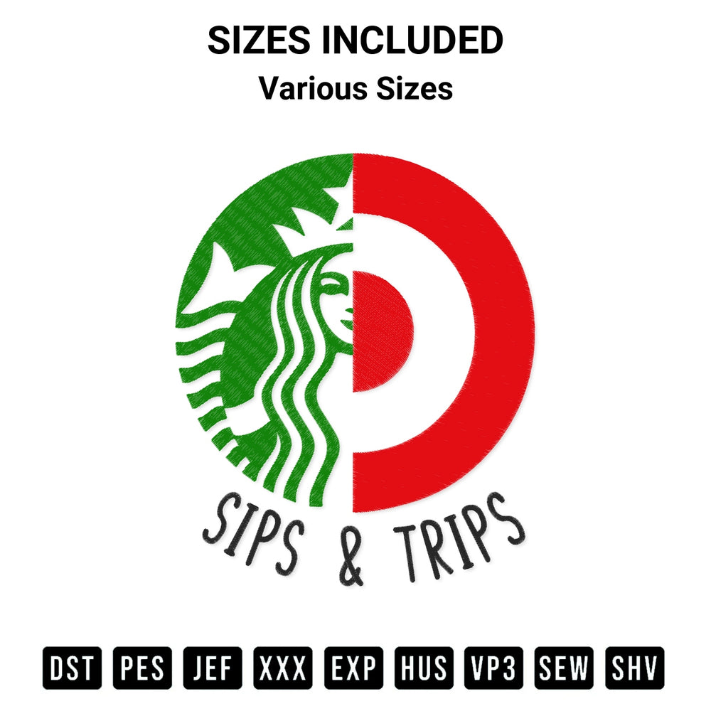 Get the Starbucks And Targets Sips And Trips Embroidery Design embroidery design for your custom crafts! Premium digitized files available for instant download at Designspacks.com. Available sizes: Various Sizes.