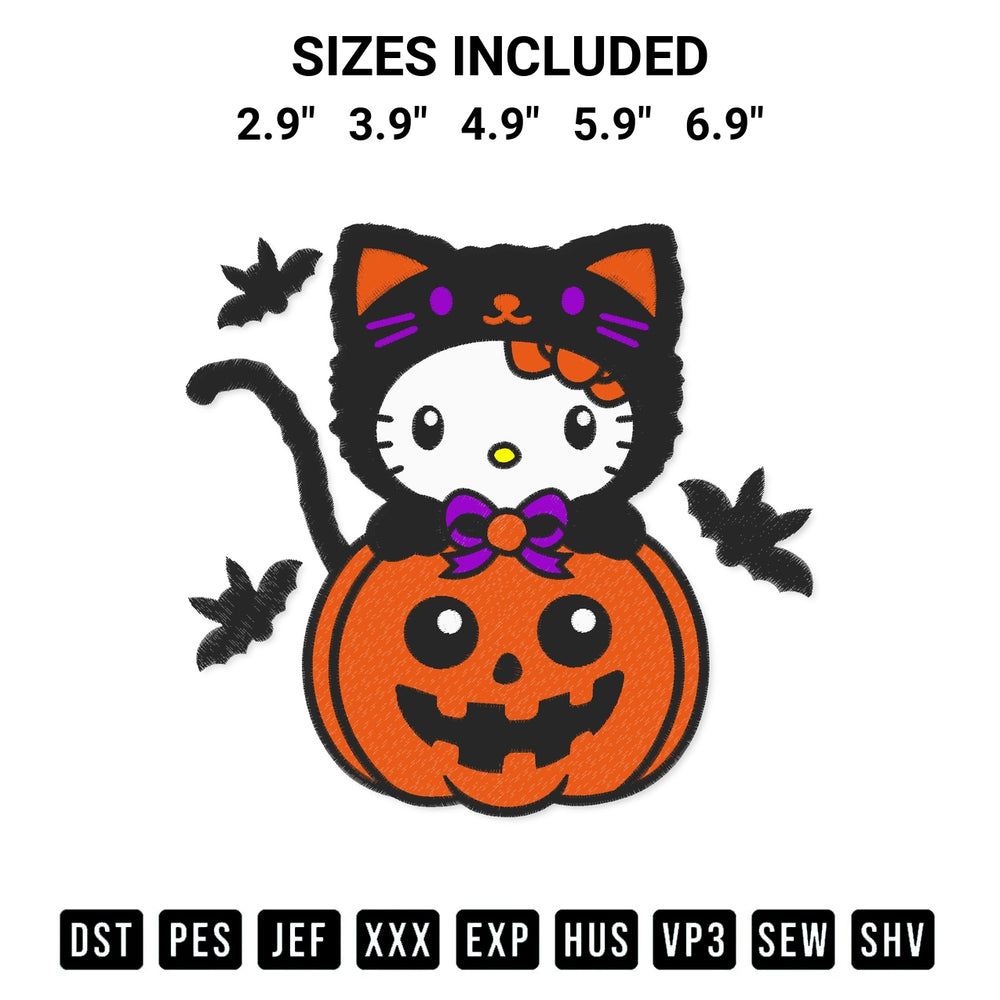 Stitch like a pro with the Hello Kitty Black Cat Pumpkin Embroidery Design embroidery pattern from Designspacks.com. High-quality digital machine embroidery file. Available sizes: 2.9", 3.9", 4.9", 5.9", 6.9".