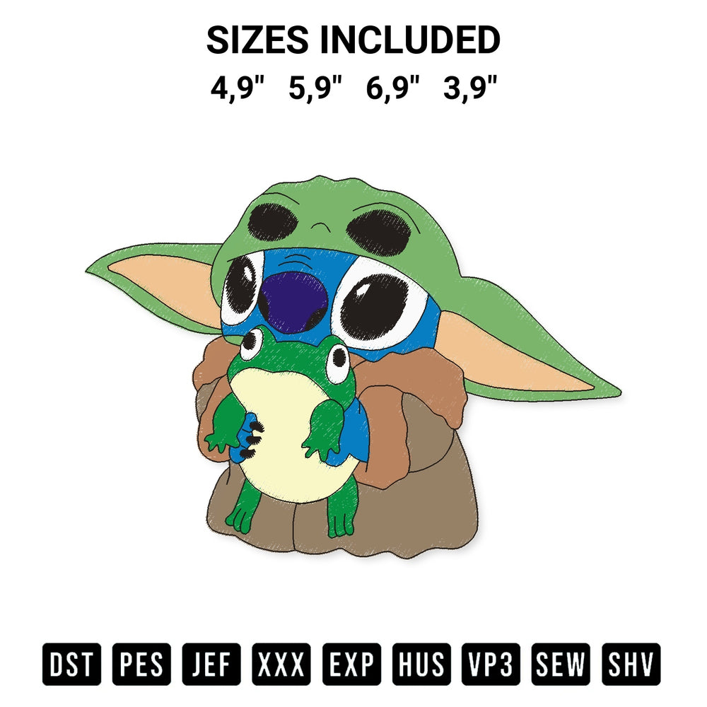 Elevate your next project with our Stitch Baby Yoda Frog Logo Embroidery Design embroidery file. Shop high-quality digital patterns instantly at Designspacks.com. Available sizes: 4,9", 5,9", 6,9", 3,9".