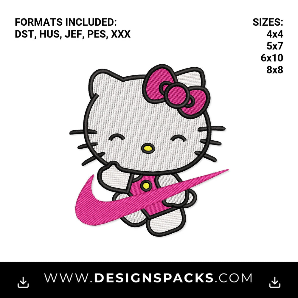 Hello Kitty with Pink Swoosh Embroidery Design - Instant digital download pattern at Designspacks.com