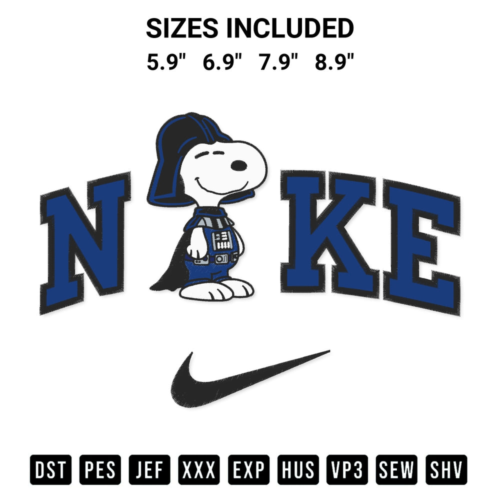 Transform your fabrics with the Snoopy Darth Vader X Nike Embroidery Design embroidery design. Instant access to premium digitized patterns at Designspacks.com. Available sizes: 5.9", 6.9", 7.9", 8.9".