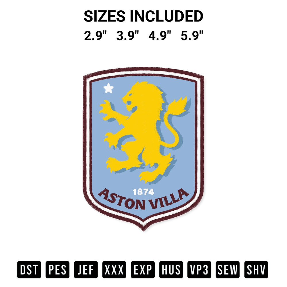 Shop the Aston Villa Fc Logo 2024 Embroidery Design machine embroidery pattern at Designspacks.com. Beautifully digitized for flawless stitching on any fabric. Available sizes: 2.9", 3.9", 4.9", 5.9".