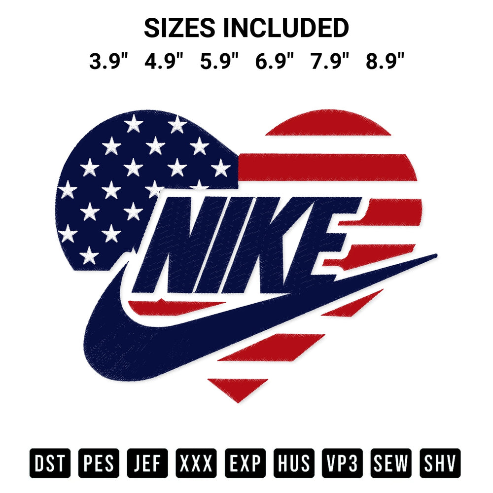 Discover the perfect addition to your crafting collection: Nike 4Th Of July Heart Embroidery Design embroidery file. Instantly available at Designspacks.com. Available sizes: 3.9", 4.9", 5.9", 6.9", 7.9", 8.9".