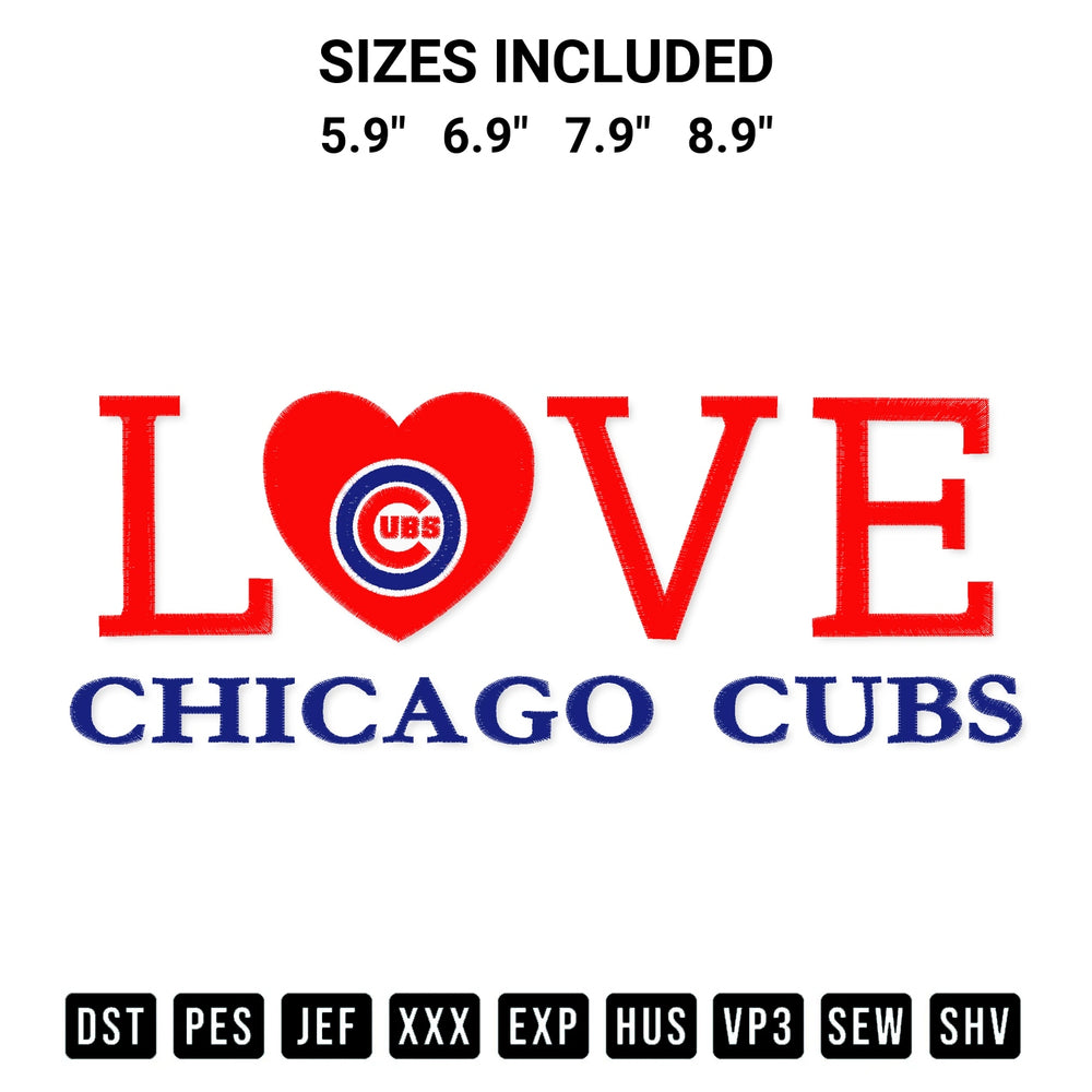 Shop the Mlb Chicago Cubs Love Embroidery Design machine embroidery pattern at Designspacks.com. Beautifully digitized for flawless stitching on any fabric. Available sizes: 5.9", 6.9", 7.9", 8.9".