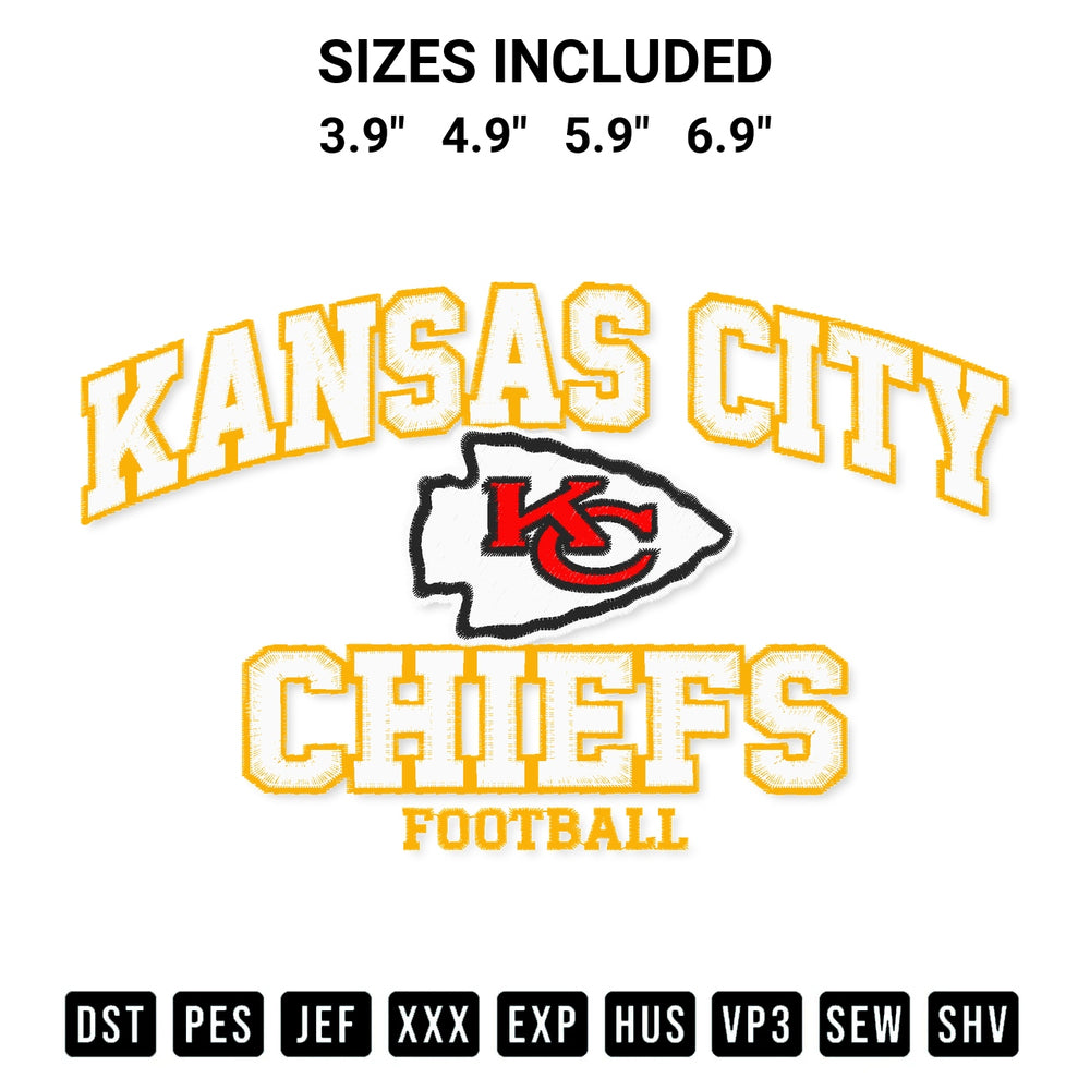 Download the Kansas City Chiefs Football Embroidery Design machine embroidery design exclusively at Designspacks.com. Premium digitized pattern for apparel and DIY crafts. Available sizes: 3.9", 4.9", 5.9", 6.9".