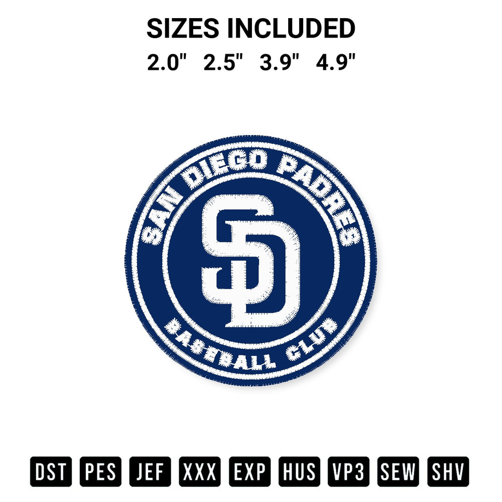 Get the Mlb San Diego Padres Logo Embroidery Design embroidery design for your custom crafts! Premium digitized files available for instant download at Designspacks.com. Available sizes: 2.0", 2.5", 3.9", 4.9".