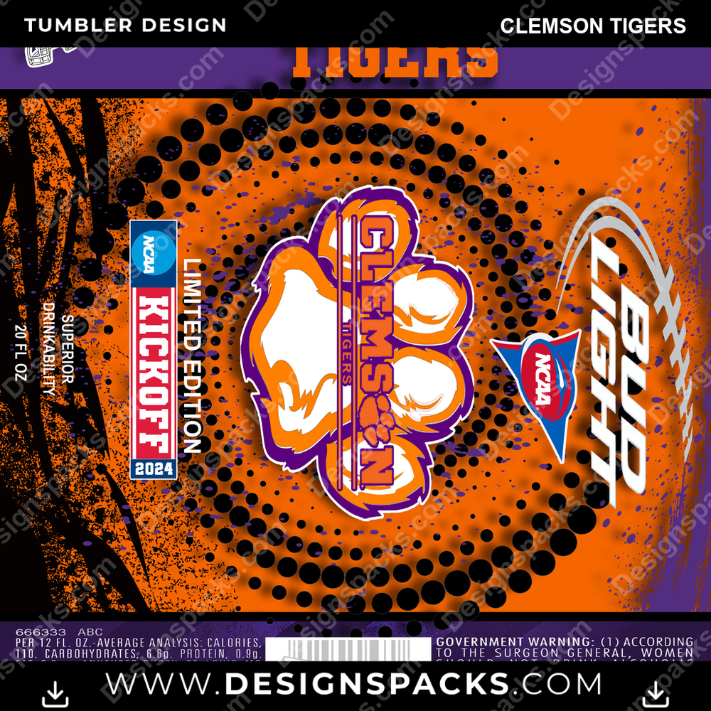 College Sport Bud Clemson Tigers Tumbler Digital Wrap Design