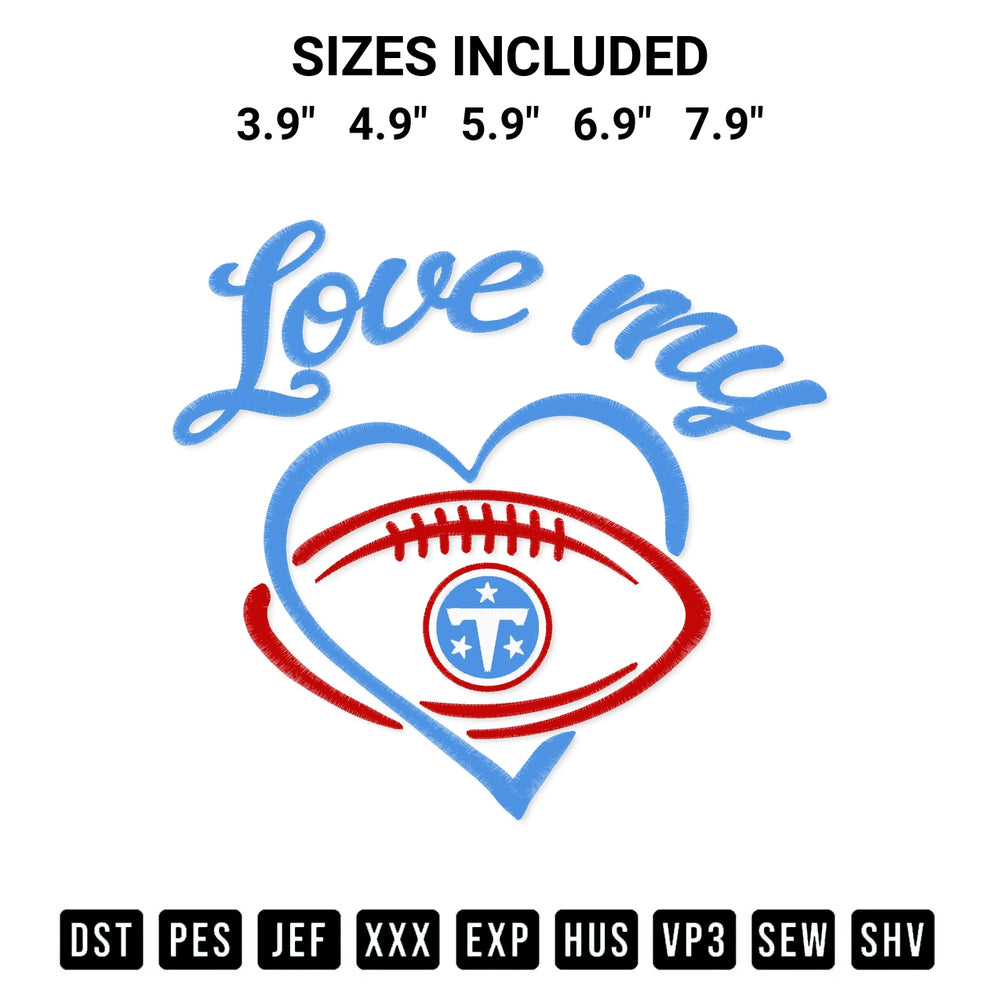 Stitch like a pro with the Love My Tennessee Titans Embroidery Design embroidery pattern from Designspacks.com. High-quality digital machine embroidery file. Available sizes: 3.9", 4.9", 5.9", 6.9", 7.9".