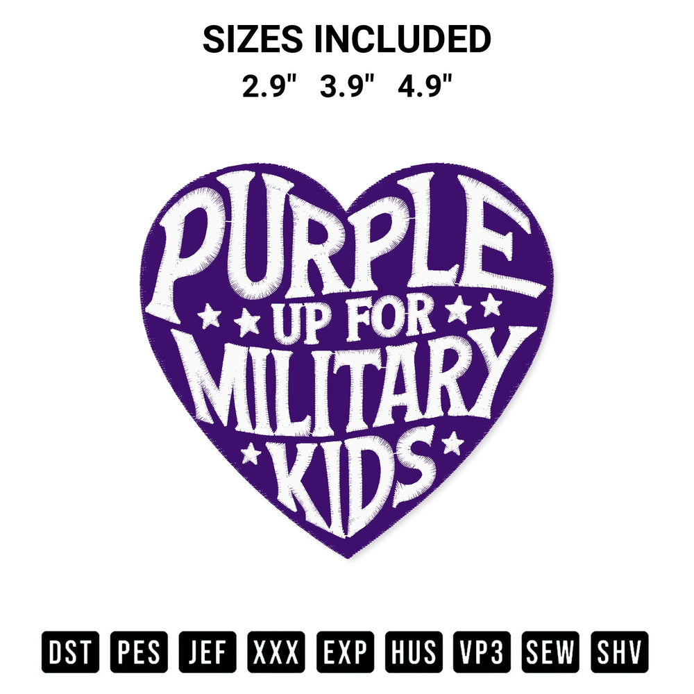 Create amazing crafts with the Purple Up For Military Kids Embroidery Design embroidery file. High-quality digital download from Designspacks.com, perfect for beginners and pros. Available sizes: 2.9", 3.9", 4.9".