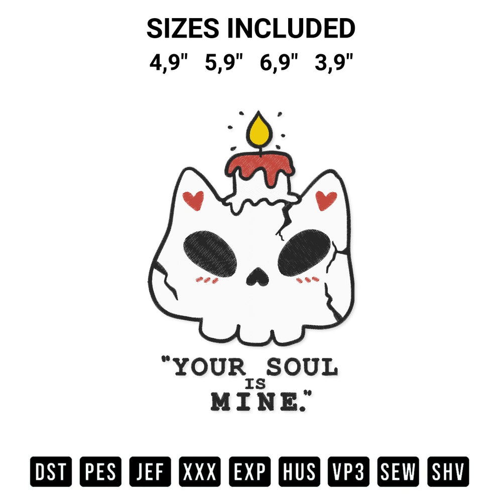 Add a unique touch to your apparel with the Your Soul Is Mine Halloween Cute Skull Cat With Candle Halloween Logo Embroidery Design embroidery file. Premium instant download available now on Designspacks.com. Available sizes: 4,9", 5,9", 6,9", 3,9".