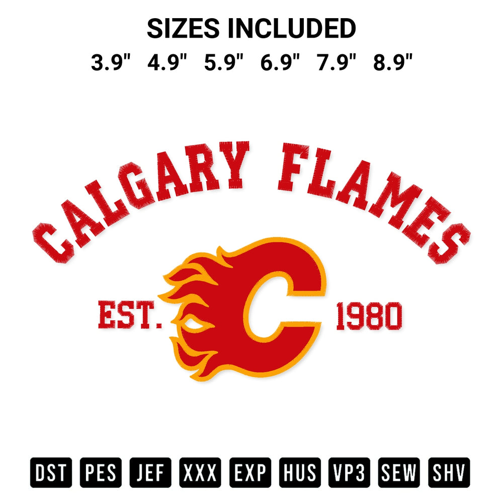 Transform your fabrics with the Calgary Flames Est 1980 Embroidery Design embroidery design. Instant access to premium digitized patterns at Designspacks.com. Available sizes: 3.9", 4.9", 5.9", 6.9", 7.9", 8.9".