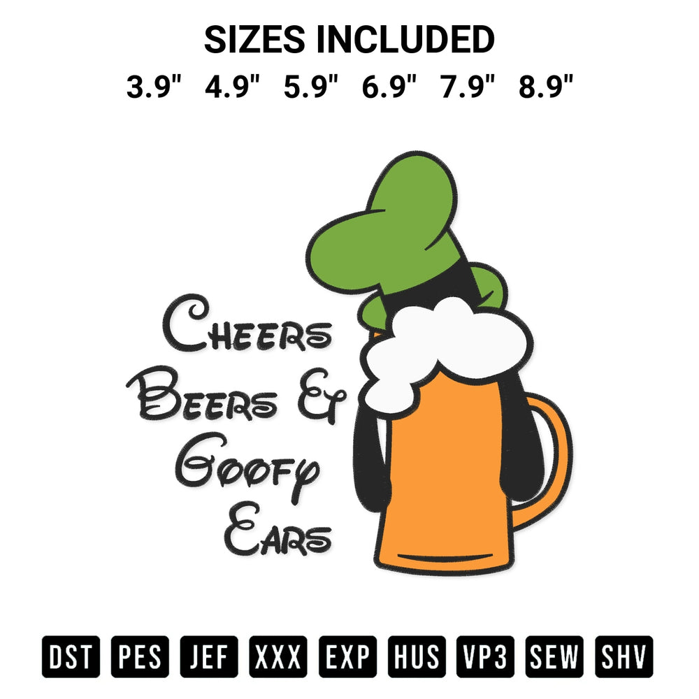 Get the Cheers Beers And Goofy Ears Embroidery Design embroidery design for your custom crafts! Premium digitized files available for instant download at Designspacks.com. Available sizes: 3.9", 4.9", 5.9", 6.9", 7.9", 8.9".