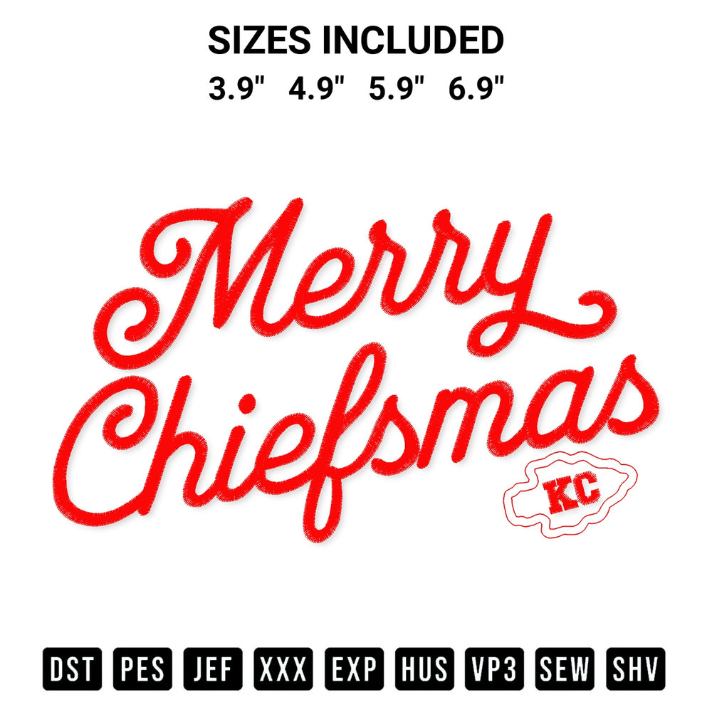 Shop the Merry Chiefsmas Kc Football Embroidery Design machine embroidery pattern at Designspacks.com. Beautifully digitized for flawless stitching on any fabric. Available sizes: 3.9", 4.9", 5.9", 6.9".