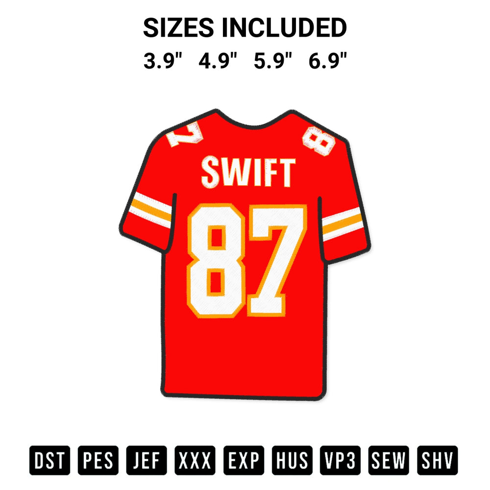 Stitch like a pro with the Taylor Swift Chiefs Jersey Embroidery Design embroidery pattern from Designspacks.com. High-quality digital machine embroidery file. Available sizes: 3.9", 4.9", 5.9", 6.9".