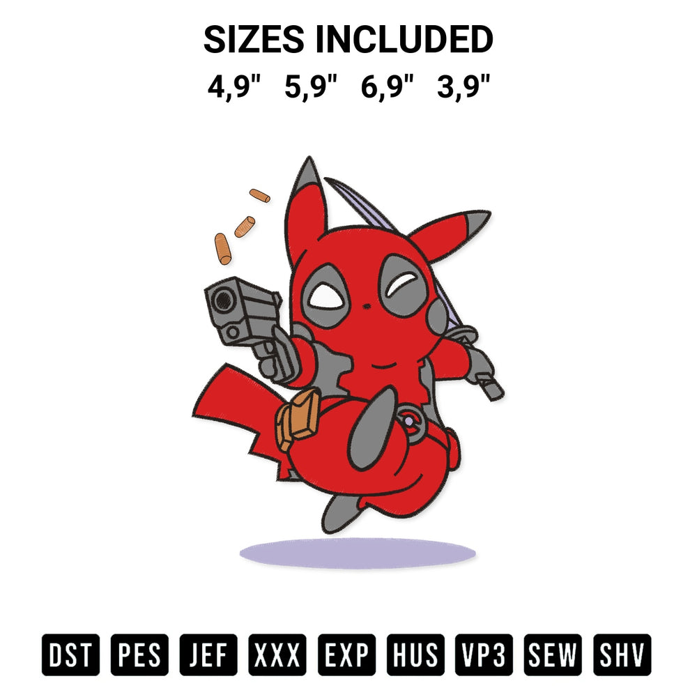 Shop the Deadpool Pikachu Logo Embroidery Design machine embroidery pattern at Designspacks.com. Beautifully digitized for flawless stitching on any fabric. Available sizes: 4,9", 5,9", 6,9", 3,9".