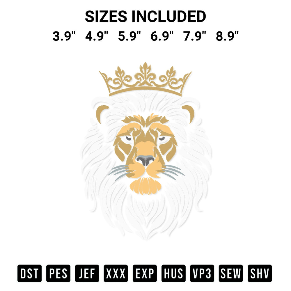 Shop the Crowned Lion King Embroidery Design machine embroidery pattern at Designspacks.com. Beautifully digitized for flawless stitching on any fabric. Available sizes: 3.9", 4.9", 5.9", 6.9", 7.9", 8.9".