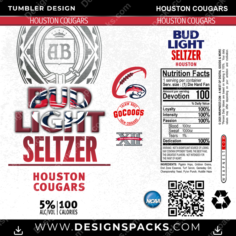 College Sport Bud Light Seltzer Houston Cougars Tumbler Digital Wrap Design