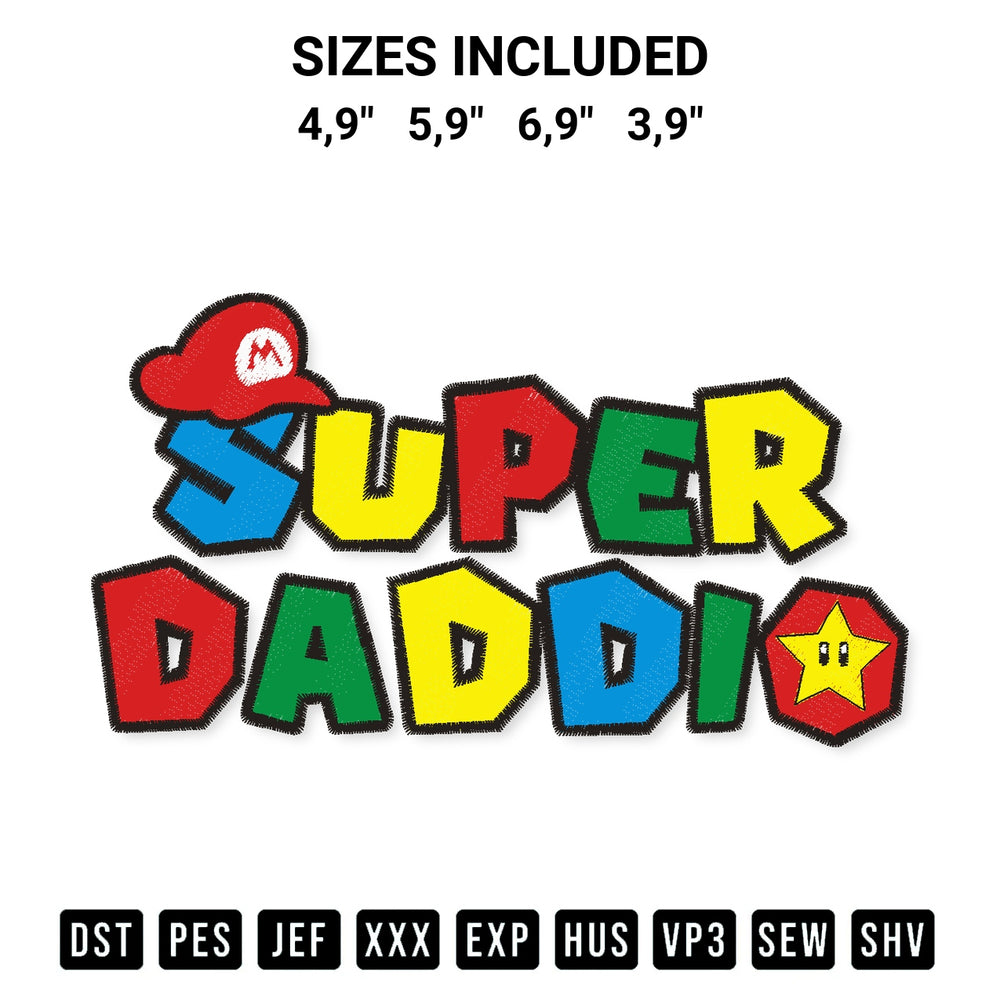 Elevate your next project with our Super Daddio Fathers Day Mens Funny Daddio Gamer Daddy Logo Embroidery Design embroidery file. Shop high-quality digital patterns instantly at Designspacks.com. Available sizes: 4,9", 5,9", 6,9", 3,9".