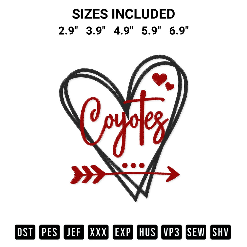 Stitch like a pro with the Arizona Coyotes Heart Embroidery Design embroidery pattern from Designspacks.com. High-quality digital machine embroidery file. Available sizes: 2.9", 3.9", 4.9", 5.9", 6.9".