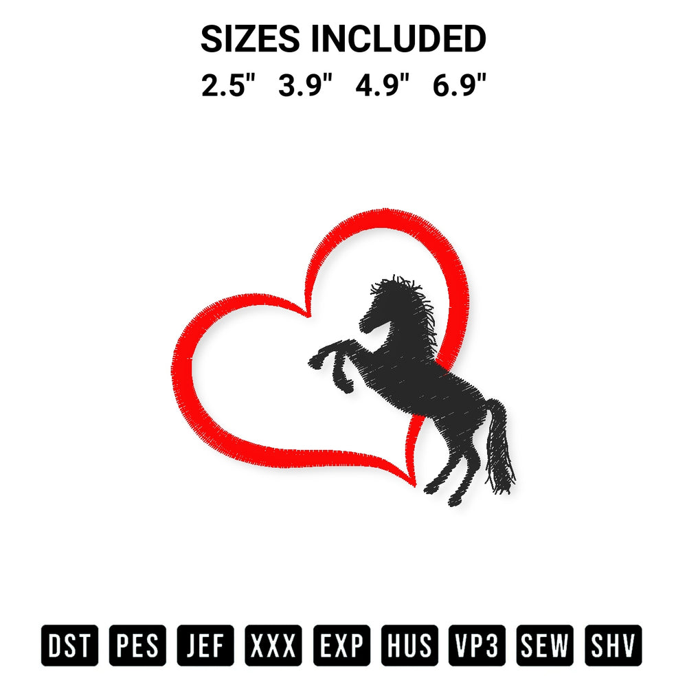 Stitch like a pro with the Heart Horse Love Embroidery Design embroidery pattern from Designspacks.com. High-quality digital machine embroidery file. Available sizes: 2.5", 3.9", 4.9", 6.9".