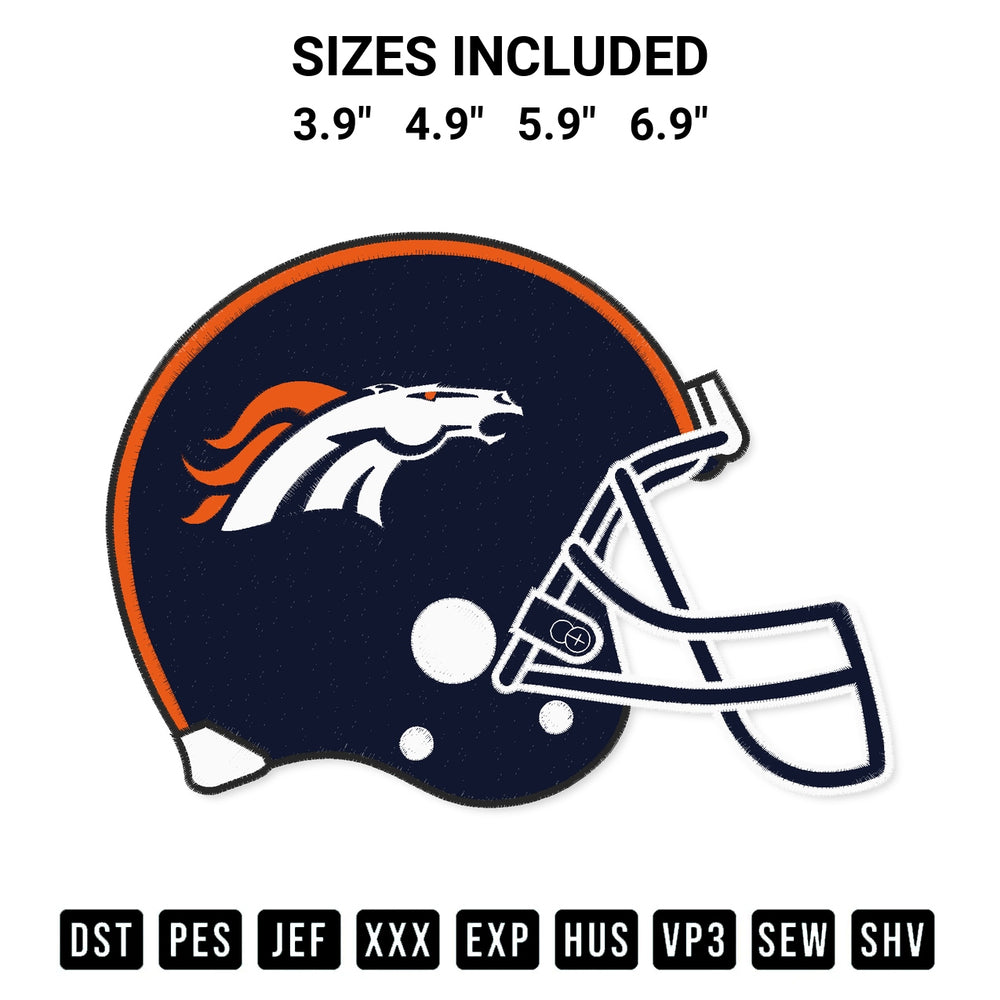 Discover the perfect addition to your crafting collection: Denver Broncos Helmet Embroidery Design embroidery file. Instantly available at Designspacks.com. Available sizes: 3.9", 4.9", 5.9", 6.9".