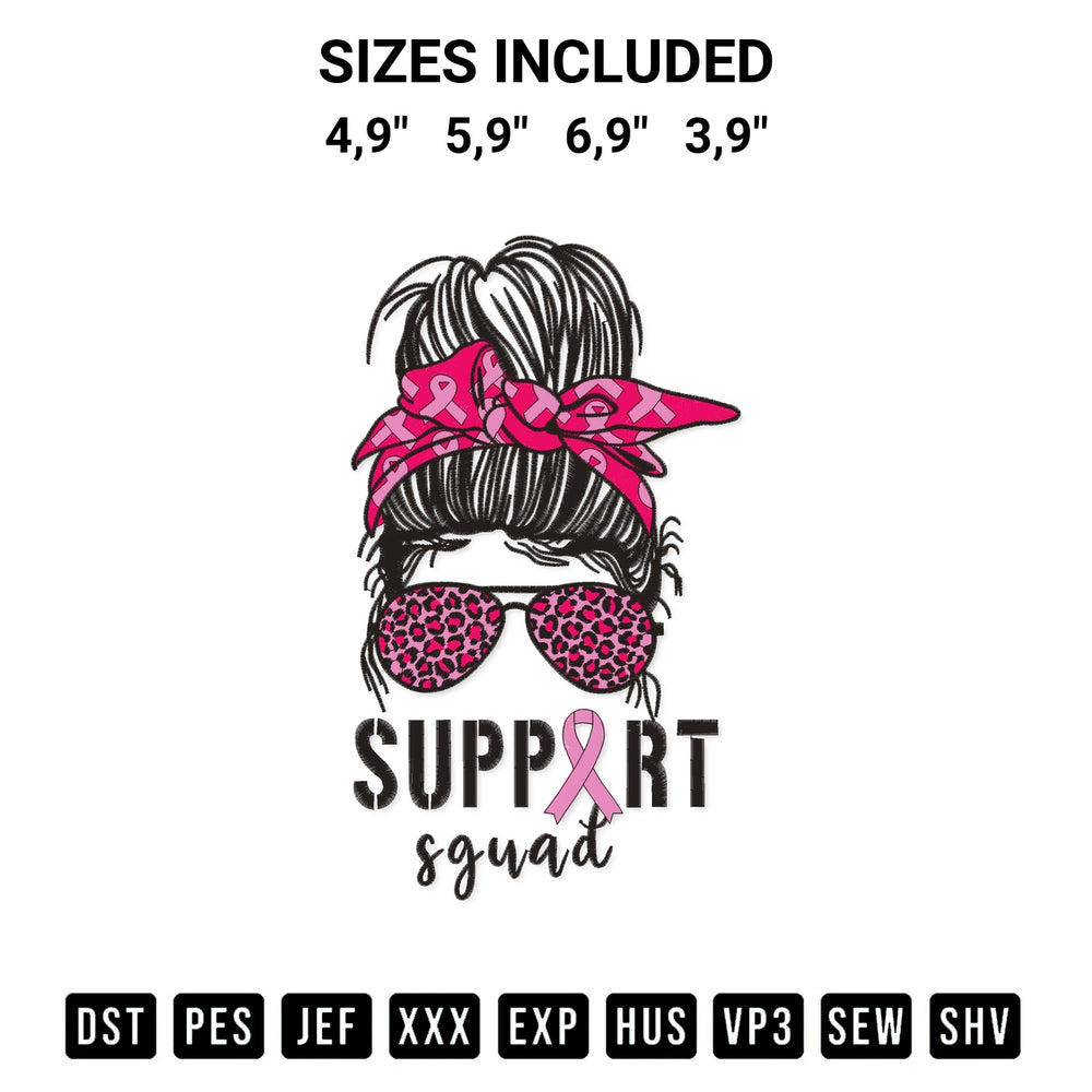 Transform your fabrics with the Support Squad Messy Bun Pink Warrior Breast Cancer Awareness Logo Embroidery Design embroidery design. Instant access to premium digitized patterns at Designspacks.com. Available sizes: 4,9", 5,9", 6,9", 3,9".