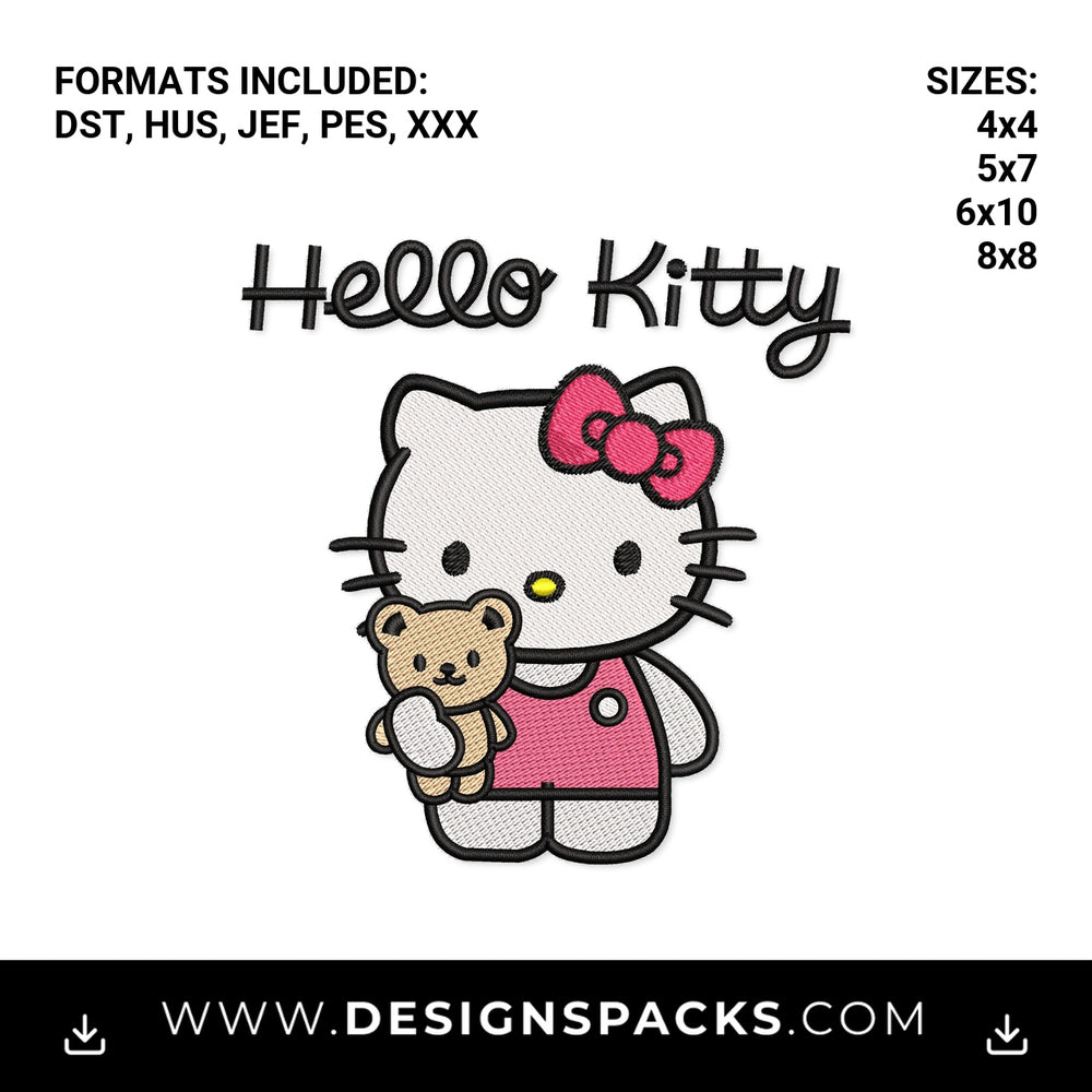 Hello Kitty Holding Teddy Bear Embroidery Design - Instant digital download pattern at Designspacks.com