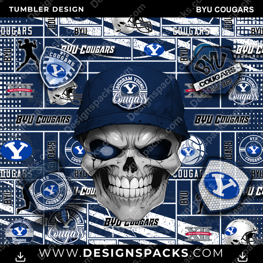 College Sport Skull BYU Cougars Tumbler Digital Wrap Design