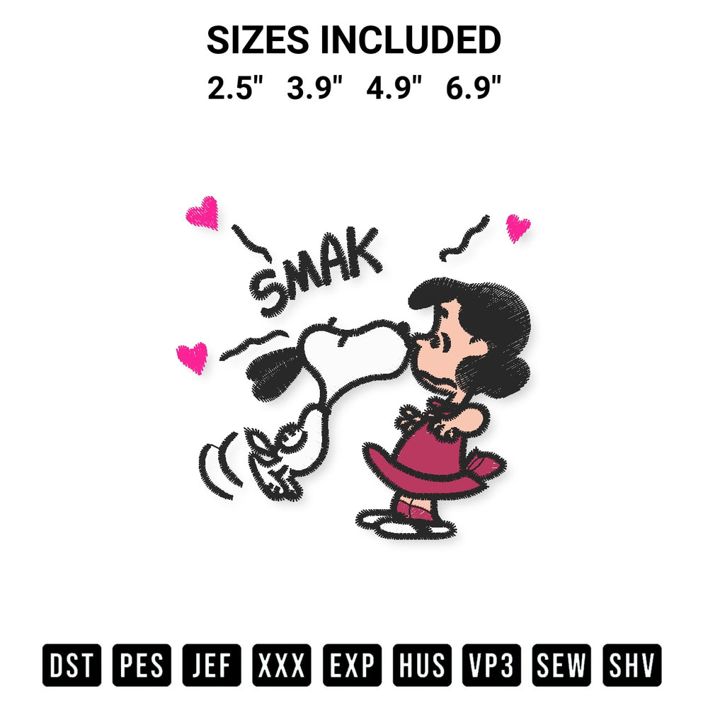 Stitch like a pro with the Snoopy Kissing Lucy Embroidery Design embroidery pattern from Designspacks.com. High-quality digital machine embroidery file. Available sizes: 2.5", 3.9", 4.9", 6.9".