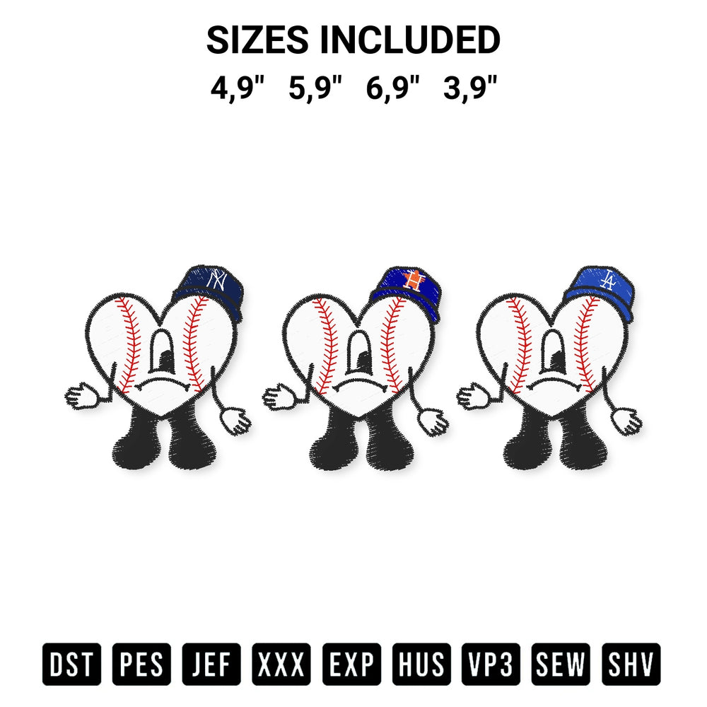 Elevate your next project with our Bad Bunny Baseball Los Angeles Dodgers New York Yankees Houston Astros Logo Embroidery Design embroidery file. Shop high-quality digital patterns instantly at Designspacks.com. Available sizes: 4,9", 5,9", 6,9", 3,9".